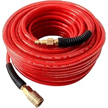 Air Hose 1/4 in x 100 ft, PolyurethanePU, Reinforced Air Compressor Hose, Lightweight, Kink Resistant with 1/4 Industrial High Flow Quick Coupler and Plug, Bend Restrictors,300 PSI Red, 100FT