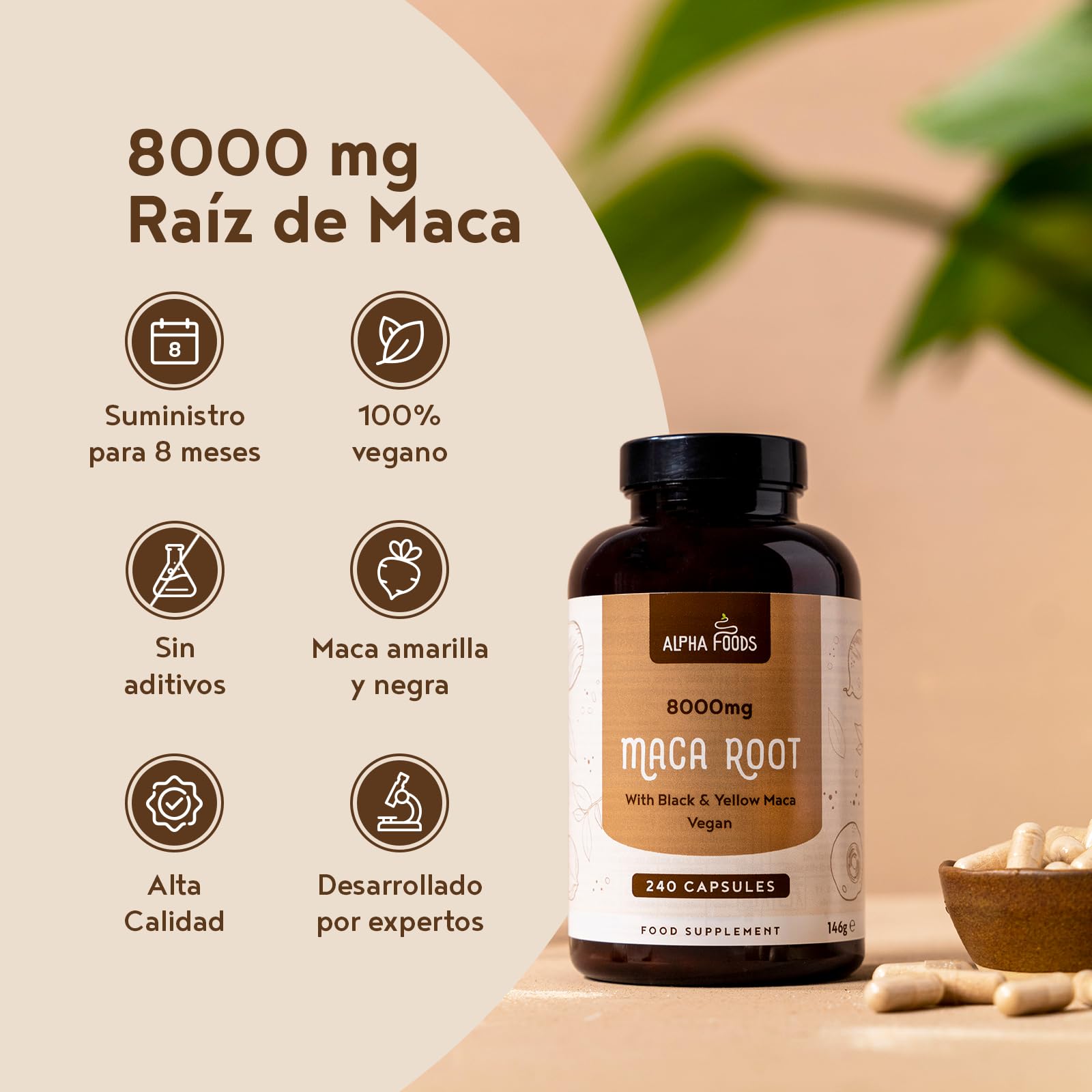 Raíz de Maca Negra Peruana Pura 8000mg | 240 Capsulas Veganas | Extracto 10:1 Maca Root Andina Black y Amarilla | para 8 Meses de Suministro | Sin Aditivos | Alpha Foods