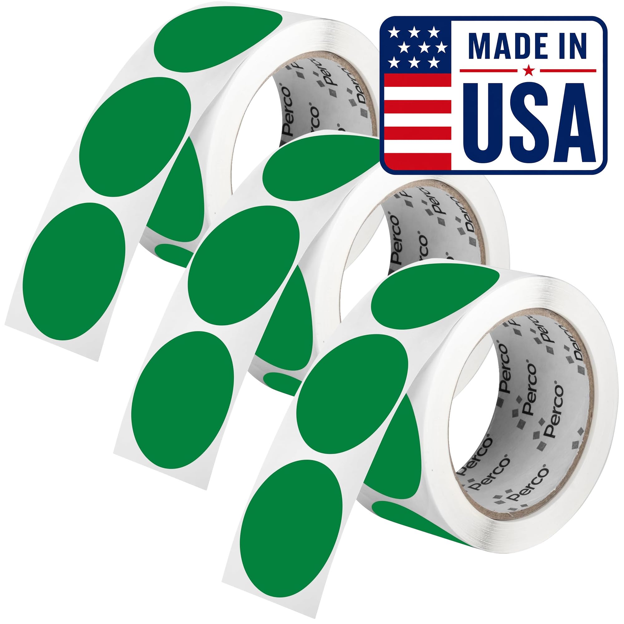 Perco Green Perforated Round Circle Dot Sticker 2-Inch Labels — 3 Rolls, 1,500 Stickers - Product Labels, Shelf Tags &amp; Inventory Organization, Strong Adhesive - Made in USA
