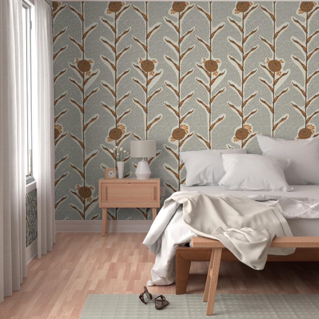 Spoonflower Peel & Stick Wallpaper 3ft x 2ft - Botanical Peony Cream Charcoal Golden Flower Nature Leaf Custom Removable Wallpaper