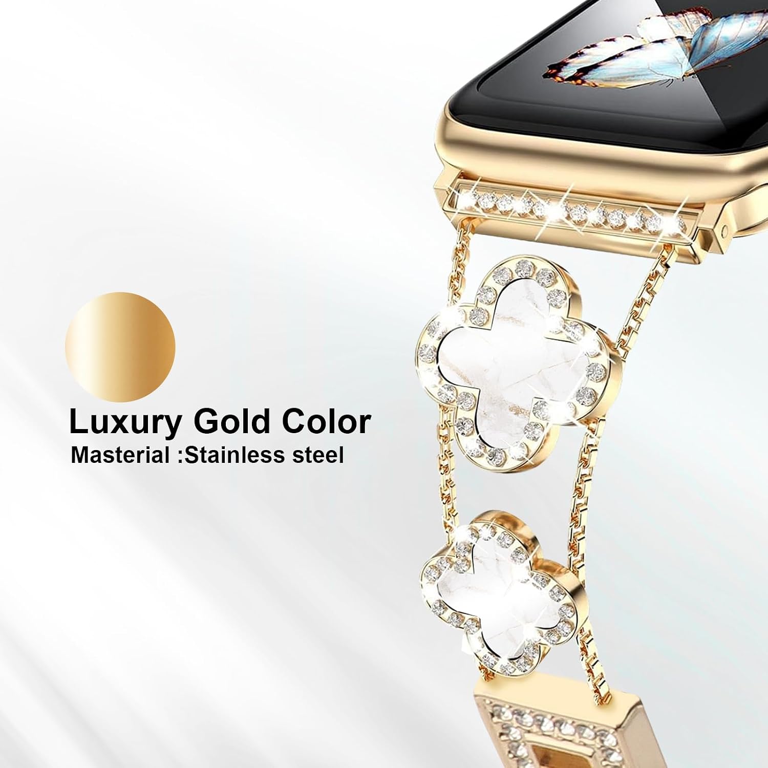 Bling Bands Compatible with Apple Watch Series SE 11 10 9 8 7 6 5 4 3 2 1, Sparkling Diamonds Wristband for Women 38mm 40mm 41mm 42mm Lucky Four Leaf Clover Dressy Bracelet for iWatch