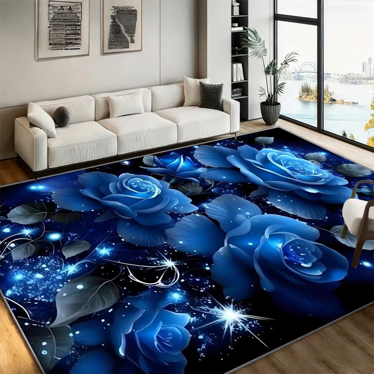 Bycmuoz Blue Roses Throw Carpet Runner for Entrance, 180x260cm, Charming Vibrant Flowers Rugs for Indoor, Abstract 3D Roses Fade Resistant Easy Clean Machine Washable Mat for Entry Hallway
