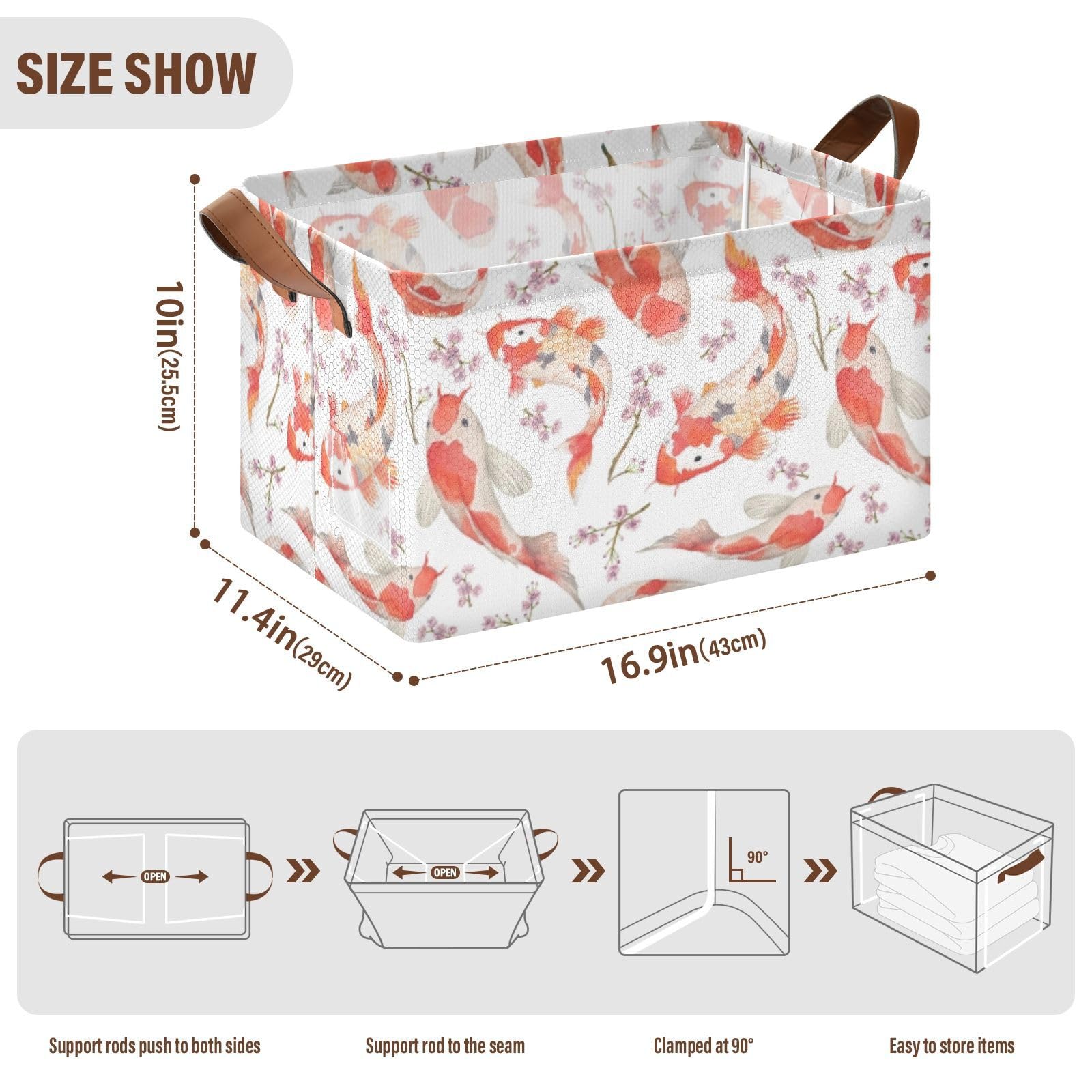 Fygkptb Watercolor Oriental Asian Carps Fish and Cherry Blossoms on White 2PC Rectangle Foldable Frame Basket Leather Handles Storage Bin for Laundry Bathroom Organizer M 16.9 x 11.4 x 10 inch