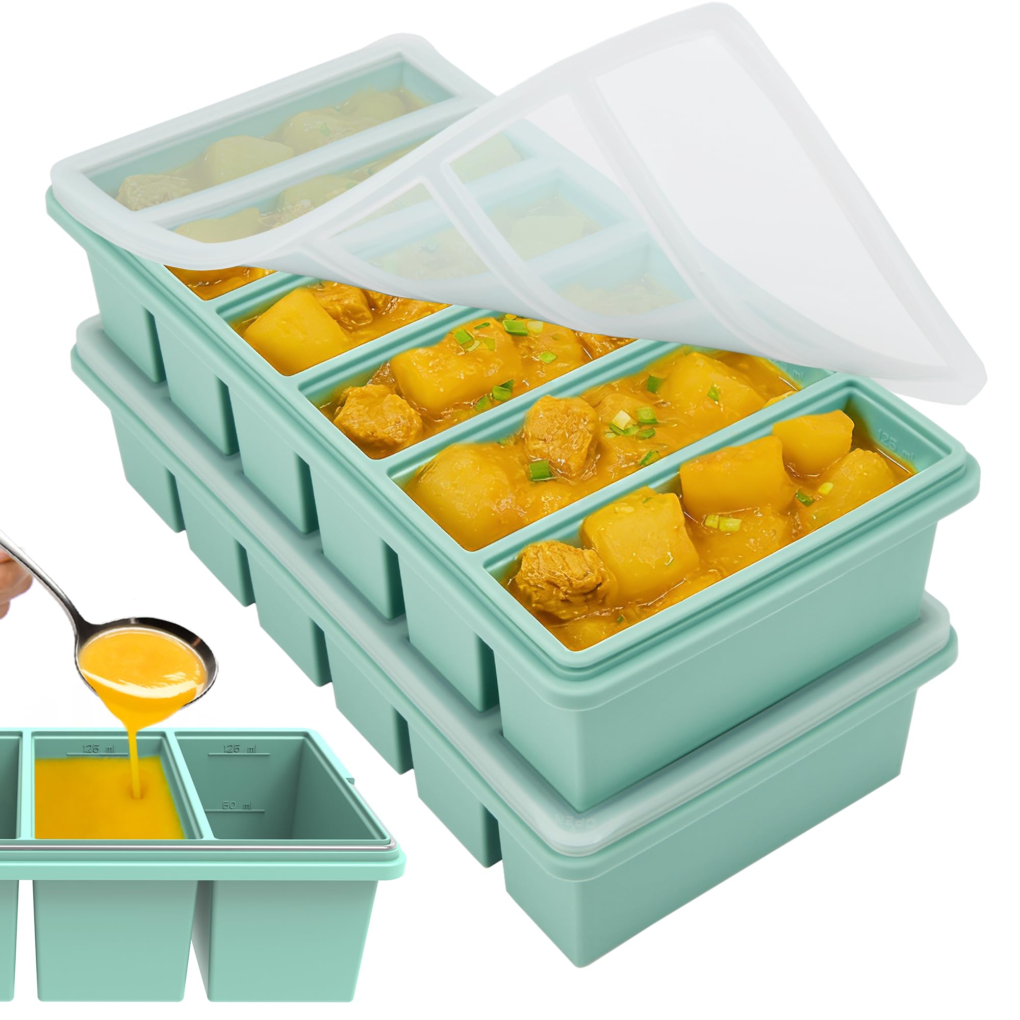 1/2 Cup Silicone Freezer Molds with Lid, Soup Container Style Ice Cube Trays for Freezer - Reinforced Steel Ring Top for freezing Soup Sauce Broth Leftovers, Dishwasher &amp; Oven Safe, BPA Free 2 Pack