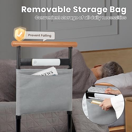 Miniatura 7 de Riel de cama con mango de madera maciza, rieles de seguridad para adultos mayores, con luz de movimiento y bolsa de almacenamiento, altura y