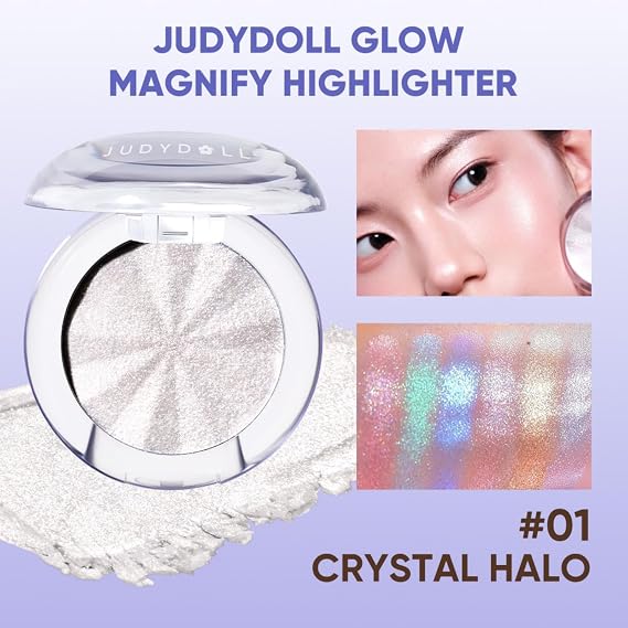 JUDYDOLL GLOW MAGNIFY HIGHLIGHTER, Ultra Fine Moist Texture, Multi-Use Face Highlighter for Cheekbones, Nose, Eyes, Collarbone, All Skin Tones (01 Crystal Halo)