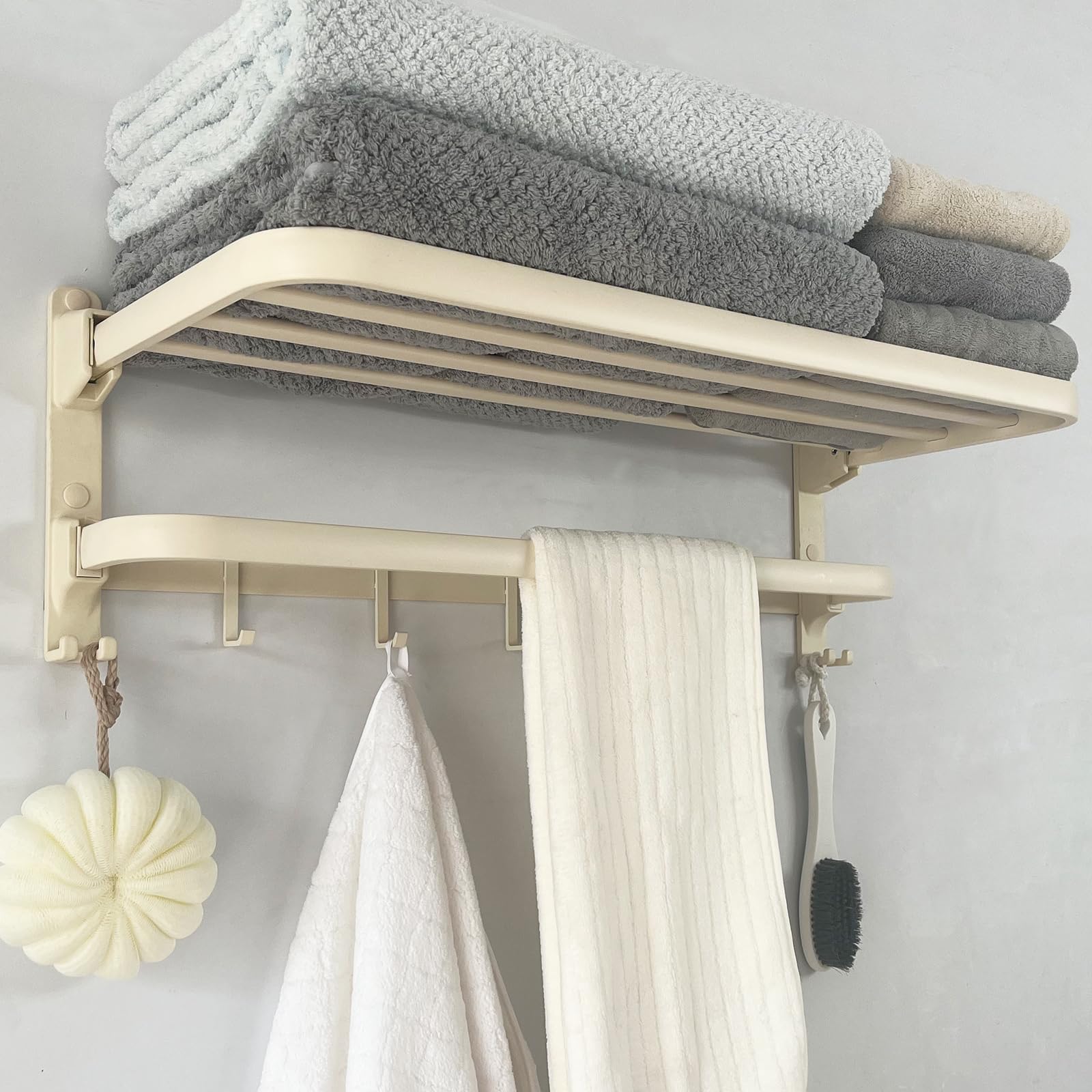 24in Towel Racks Shelf for Bathroom, Foldable Wall Mounted Towel Storage with 9 Towel Hooks, Modern Rustproof Towel Holder with Shelves, Towel Hanger for Hotel Dorm Restroom RV Toilet Milky White