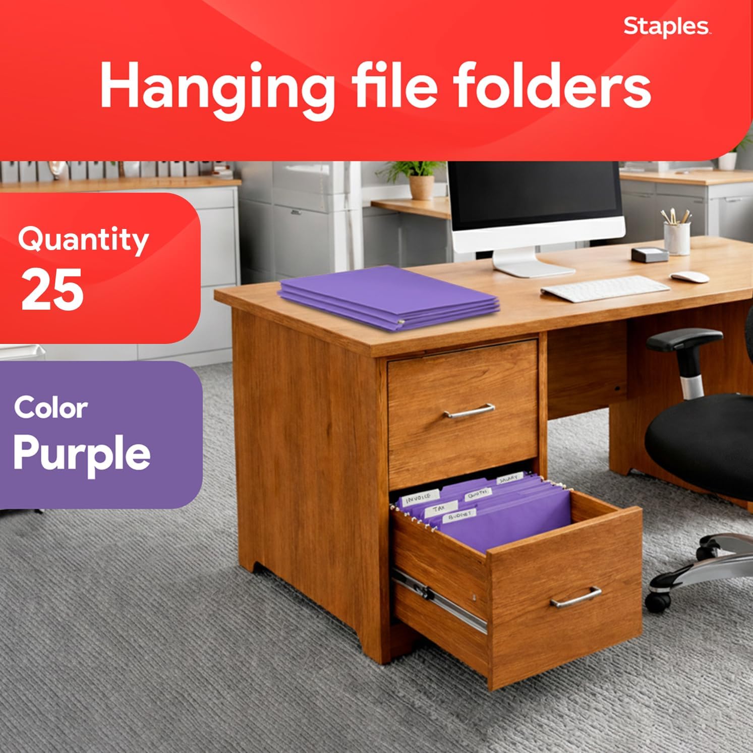 Staples Hanging File Folders, Letter Size, Purple, 1/5‑Cut Tabs, Tear‑Resistant, Includes Tabs & Inserts – 25/Pack