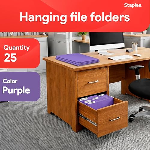 Miniatura 2 de Staples Carpetas colgantes para archivos, tamaño carta, morado, pestañas de corte 1/5, resistentes al desgarro, incluye pestañas e insertos