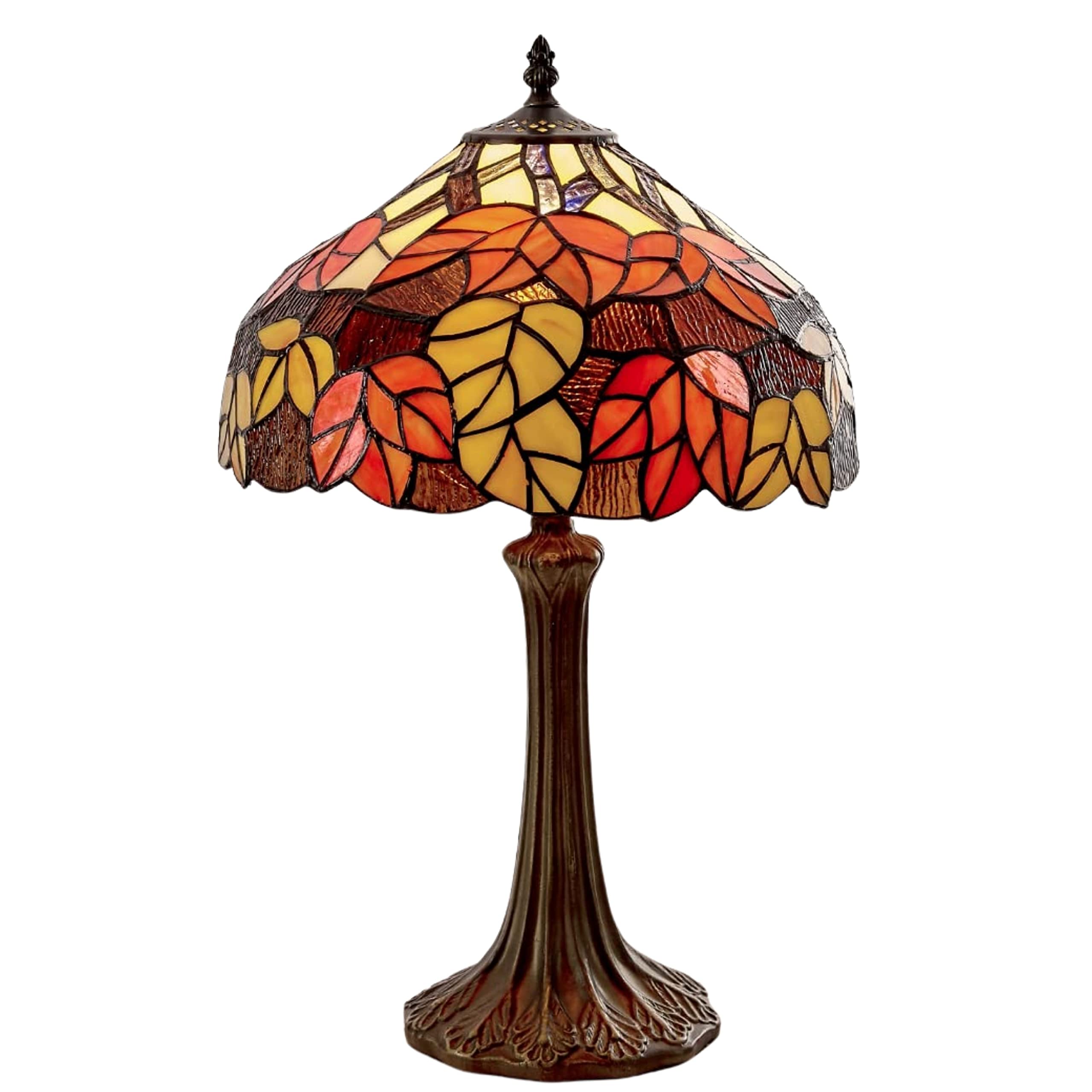 Tiffany Style Table Lamp – Stained Glass Autumn Leaf Shade – Vintage Bedside Lamp – Warm Ambient Lighting – E27 60W – 49cm