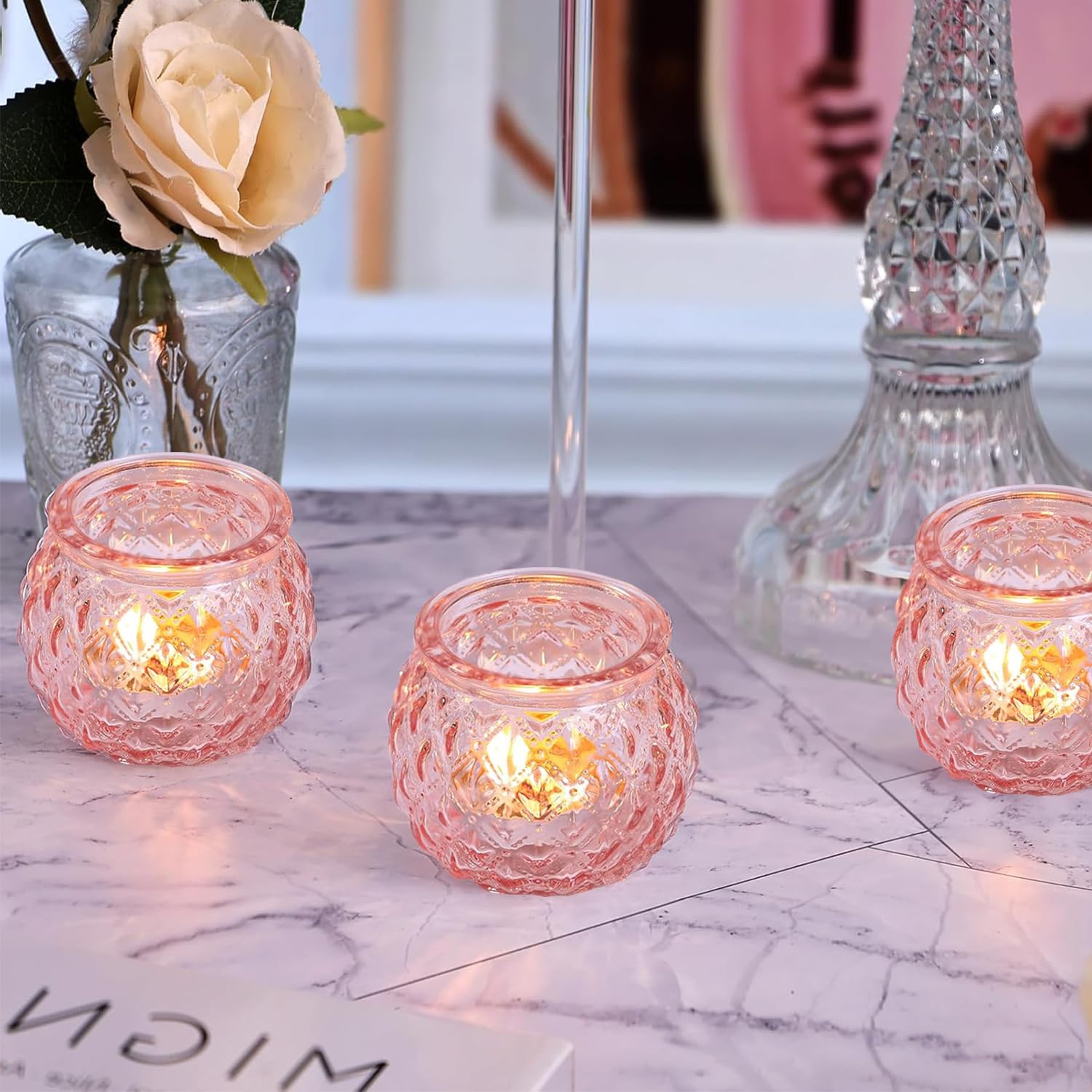 12Pcs Glass Tea Light Candle Holders, Pink Votive Candle Holders Tealight Holders for Table Centerpiece Wedding Home Decoration (Pink) - Image 4