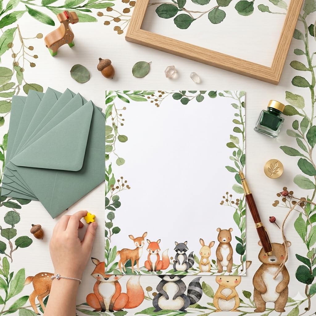 Papelería para baby shower de animales del bosque del bosque, 60 hojas, papel de membrete de una sola cara de 8.5 x 11 pulgadas para invitaciones, notas de agradecimiento y escritura