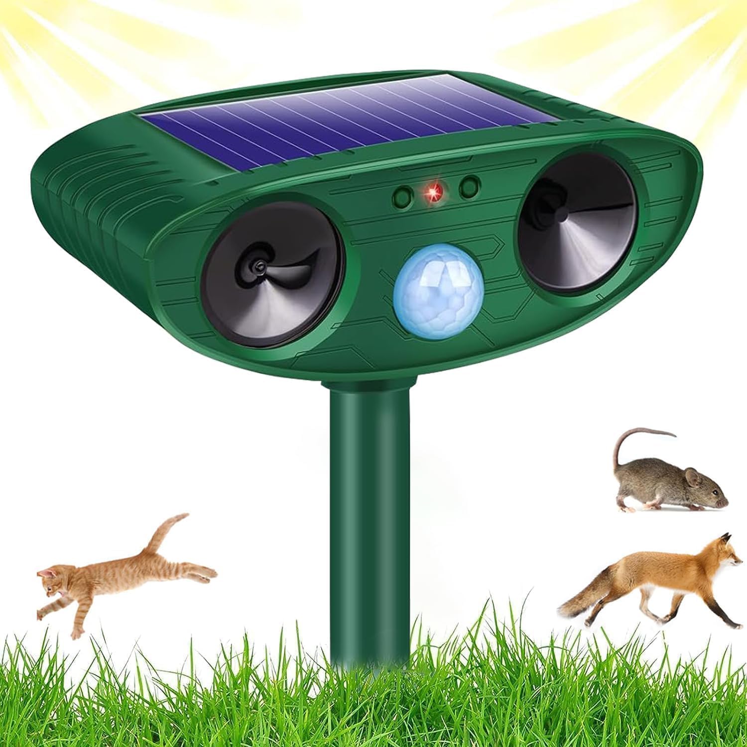 Solar Ultrasonic Animal Repeller Outdoor Cat Repellent Deer Repellent Devices with Motion Sensor Waterproof Sonic Animal Deterrent to Scare Squirrel Raccoon Skunk Rabbit Dog for Yard Garden Lawn
