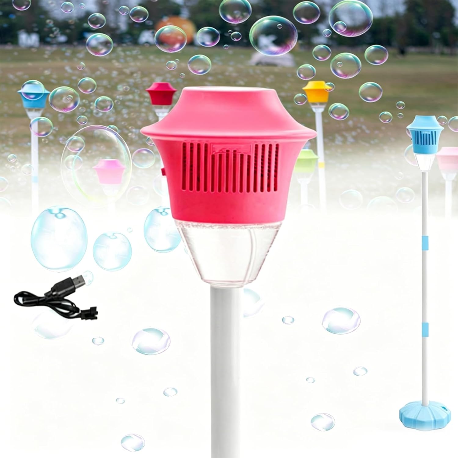 Splashy Surprises Bubble Maker,Glow Burst Bubble Fountain,Bubbles Torch Garden Lamp with Music and Lights,Automatic Standing Bubbles Machine Tower Height Adjustable up to 47 in,for Play,Party (Red)