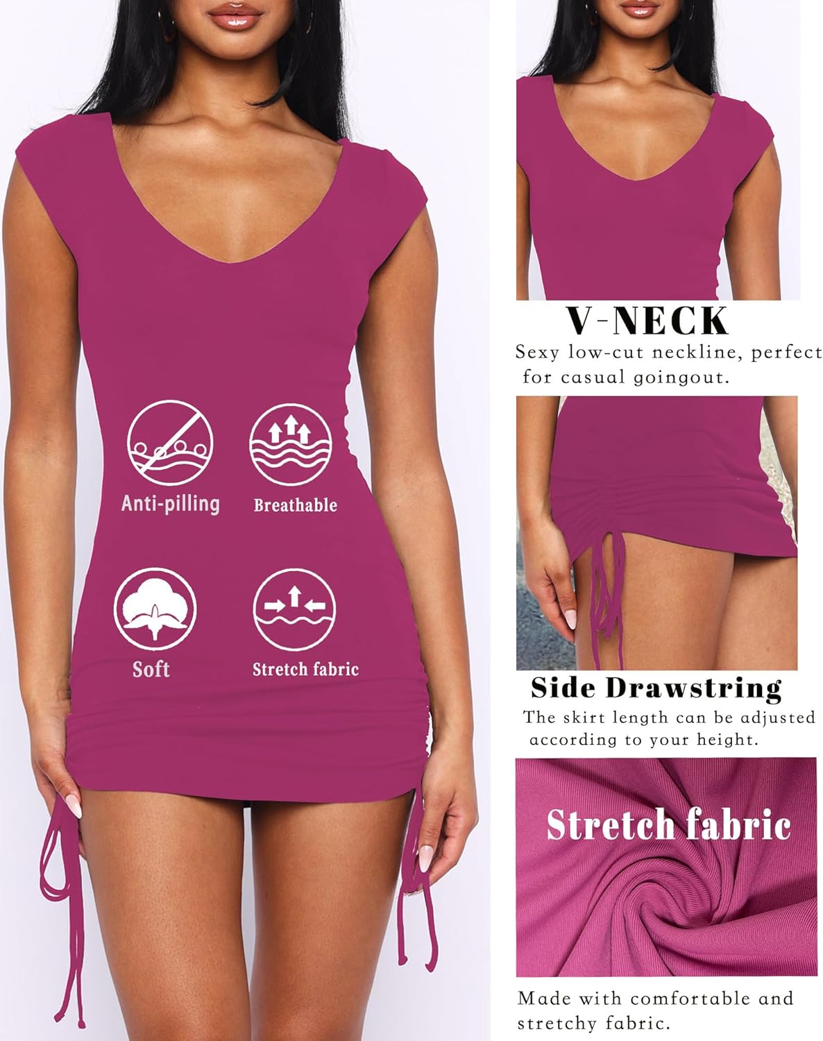 Women's Summer Bodycon Dresses Sexy V Neck Sleeveless Side Drawstring Vacation Party Going Out Mini Dress - Image 4