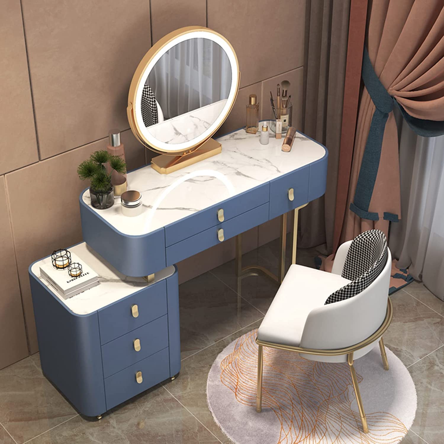 CGCSYZ Vanity Dressing Table Set with Stool Makeup Mirror 6 Drawers and Bedside Table Pink 100cm(Blue-80cm)