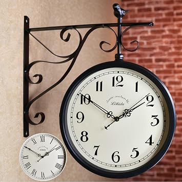 Wall Clock Double-Sided Wall Clock Hanging Diameter 11.8 inches 30 cm, Double-Sided Hanging Silent Antique Retro Interior Stylish Living Room Garden 19.7 x 17.7 inches 50 x 45 cm, Black
