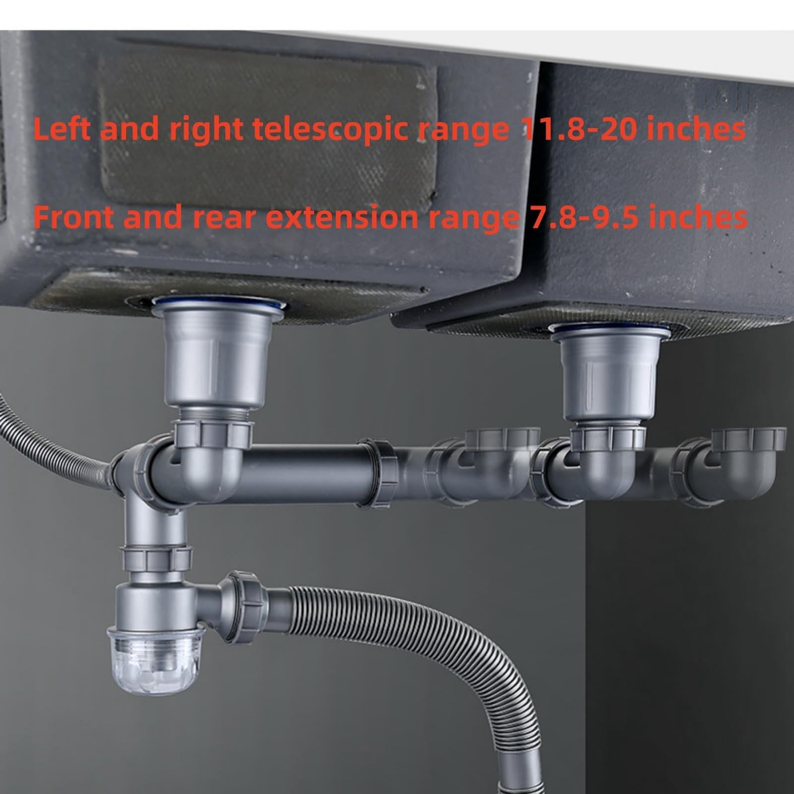 Kit de Drenaje de Cocina para Fregaderos de Doble Seno, Tubo de Desbordamiento de Drenaje de Fregadero Flexible de Metal de 110 Mm con Conector de Junta para Barra de Baño de