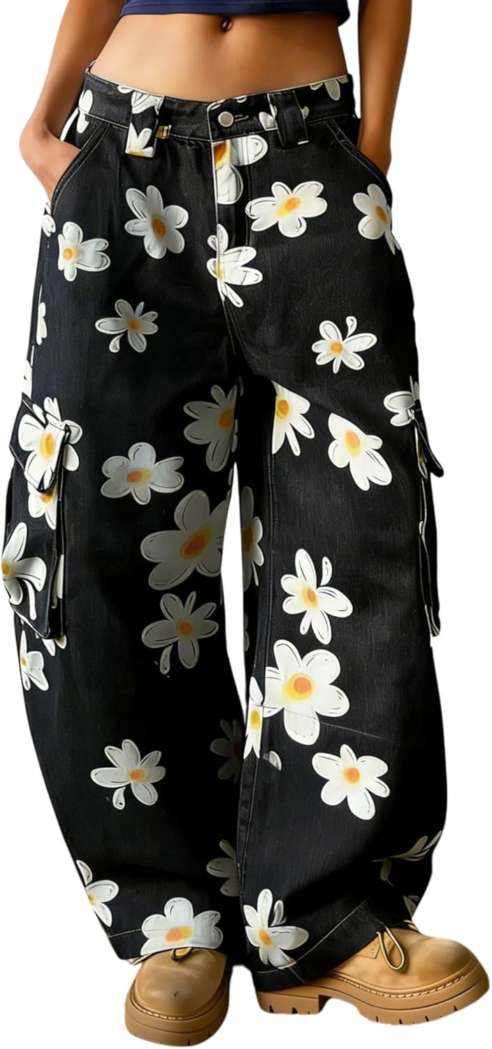 chouyatou Women's Floral Print Mid Rise Barrel Jeans Wide Leg Baggy Y2K Denim Pants Cargo Jeans Boyfriend