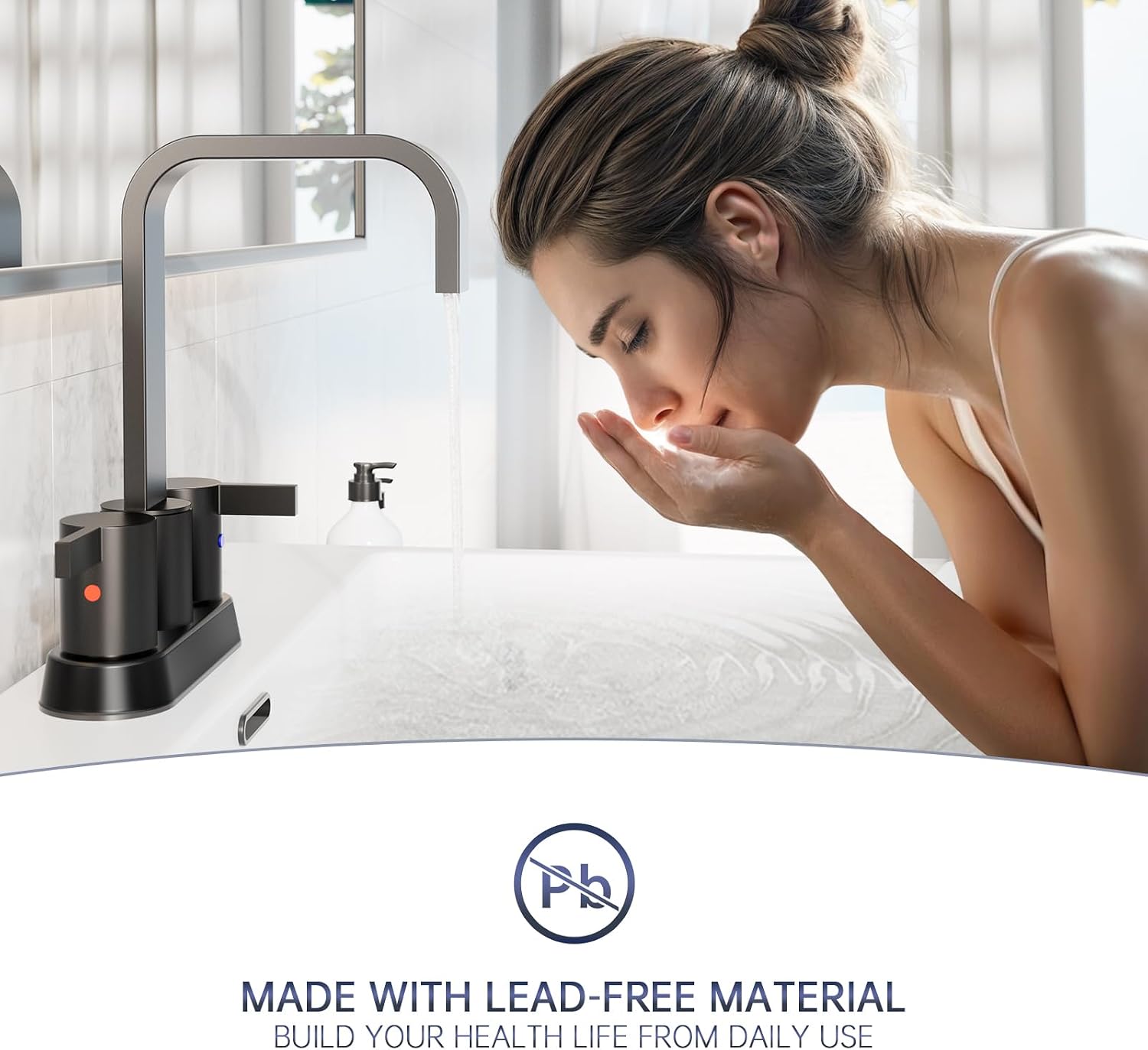 Phiestina Matte Black 4 Inch 2 Handles Centerset Bathroom Sink Faucet,2 or 3 Holes Waterfall Bathroom Faucet with 360 Swivel Spout,Metal Pop-Up Drain and Water Supply Lines, BF040B-1-MB