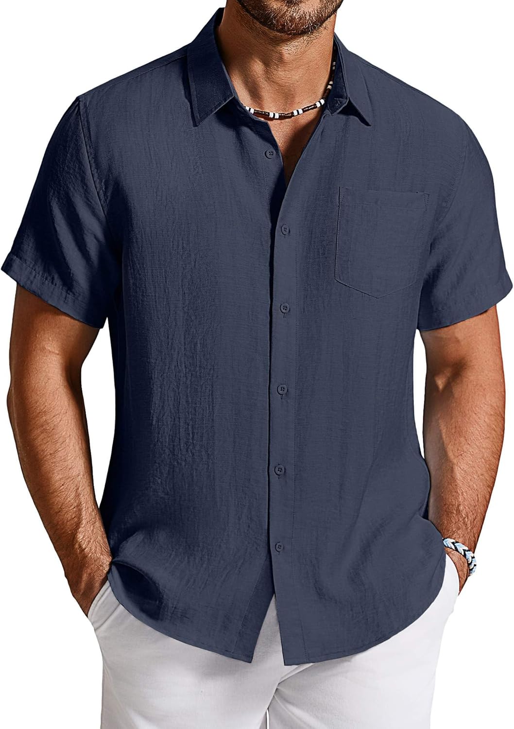 COOFANDY Linen Shirts for Men Short Sleeve Button Down Shirt Casual Beach Summer Vacation Shirt with Pocket