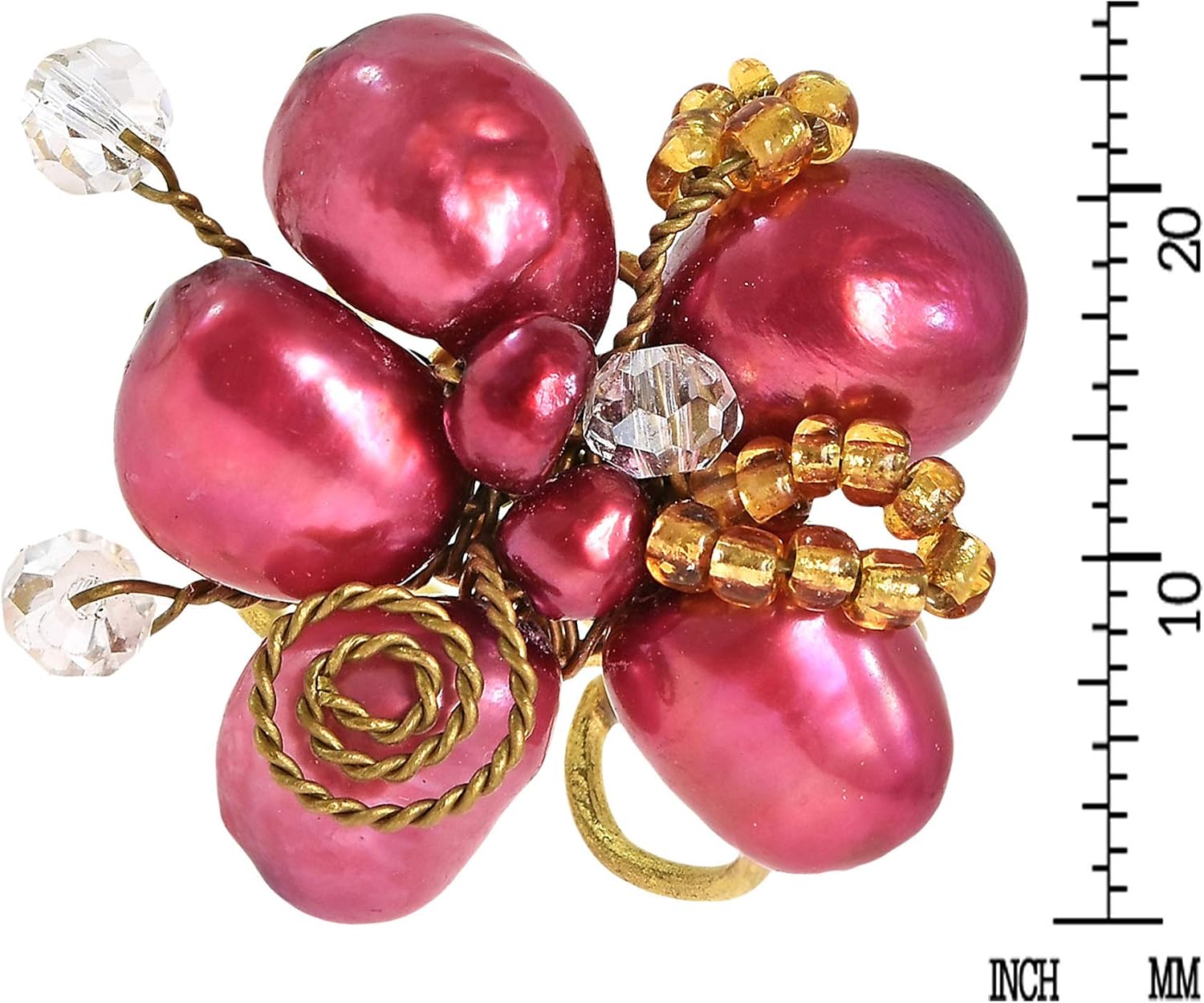 AeraVida Cultured Freshwater Red Pearl & Fashion Crystal Flower Handmade Adjustable Free Size Ring | Elegant Floral Design with .925 Sterling Silver Accents | Versatile Adjustable Ring for Women