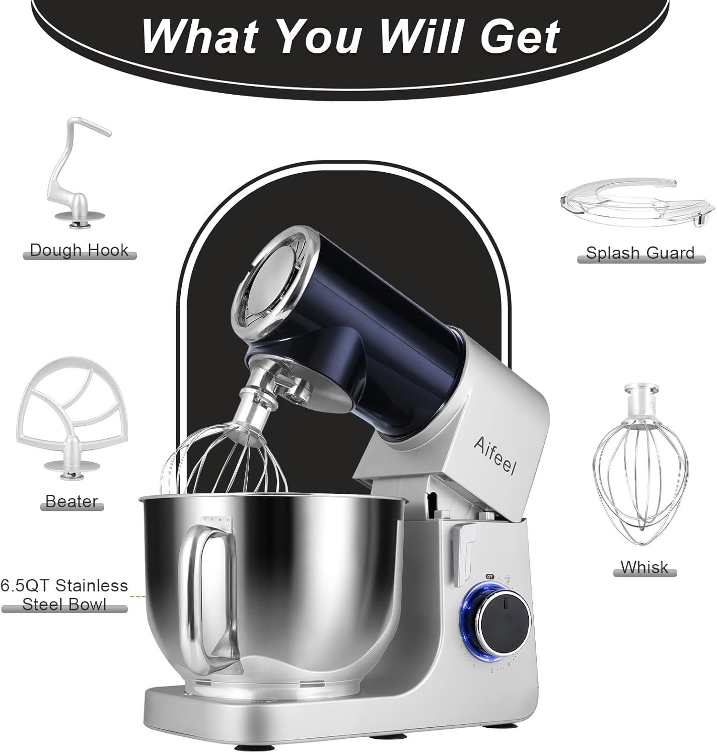 Aifeel Stand Mixer,6.5QT Tilt-Head Electric Stand Mixer,700W DC Motor with Low Noise,Kitchen Mixer with Dough Hook,Beater,Whisk,Dishwasher-Safe Attachments for Baking (Black) - Image 5