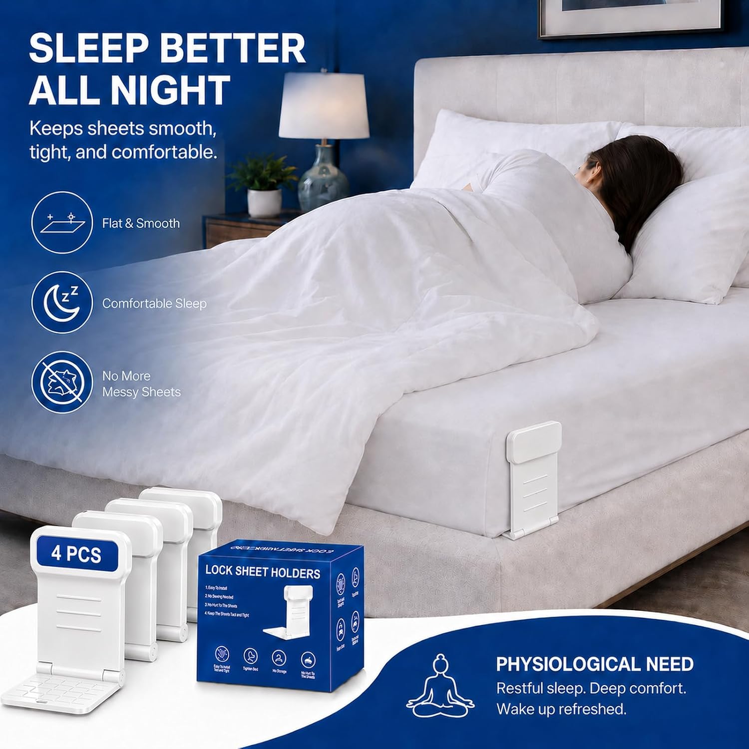 4-Pack Bed Sheet Holders, No-Metal Locking Corner Grippers