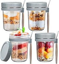 Overnight Oats Container with Lid and Spoon, 4 Pack 12 oz Overnight Oats Jars,Glass Mason Jars for Cereal, Yogurt,Milk, Vegetable and fruit Salad Storage with Measurement Marks