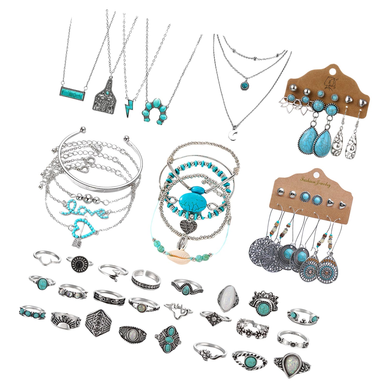50-teiliges böhmisches türkisfarbenes Schmuckset inklusive Halskette und Armband für Modebegeisterte Türkisfarbenes Set