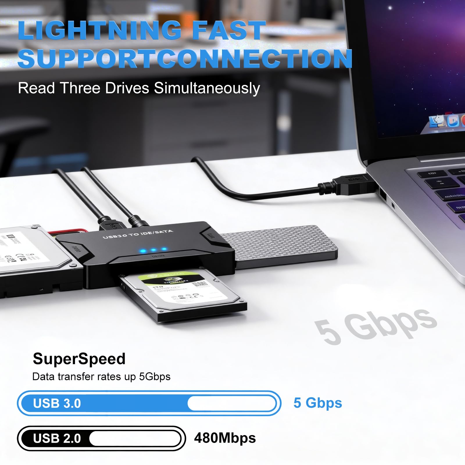 Adattatore universale da USB 3.0 a IDE e SATA Hard Drive IDE a USB e SATA a USB con alimentatore, lettore di dischi rigidi esterni per HDD SSD da 2,5/3,5 pollici