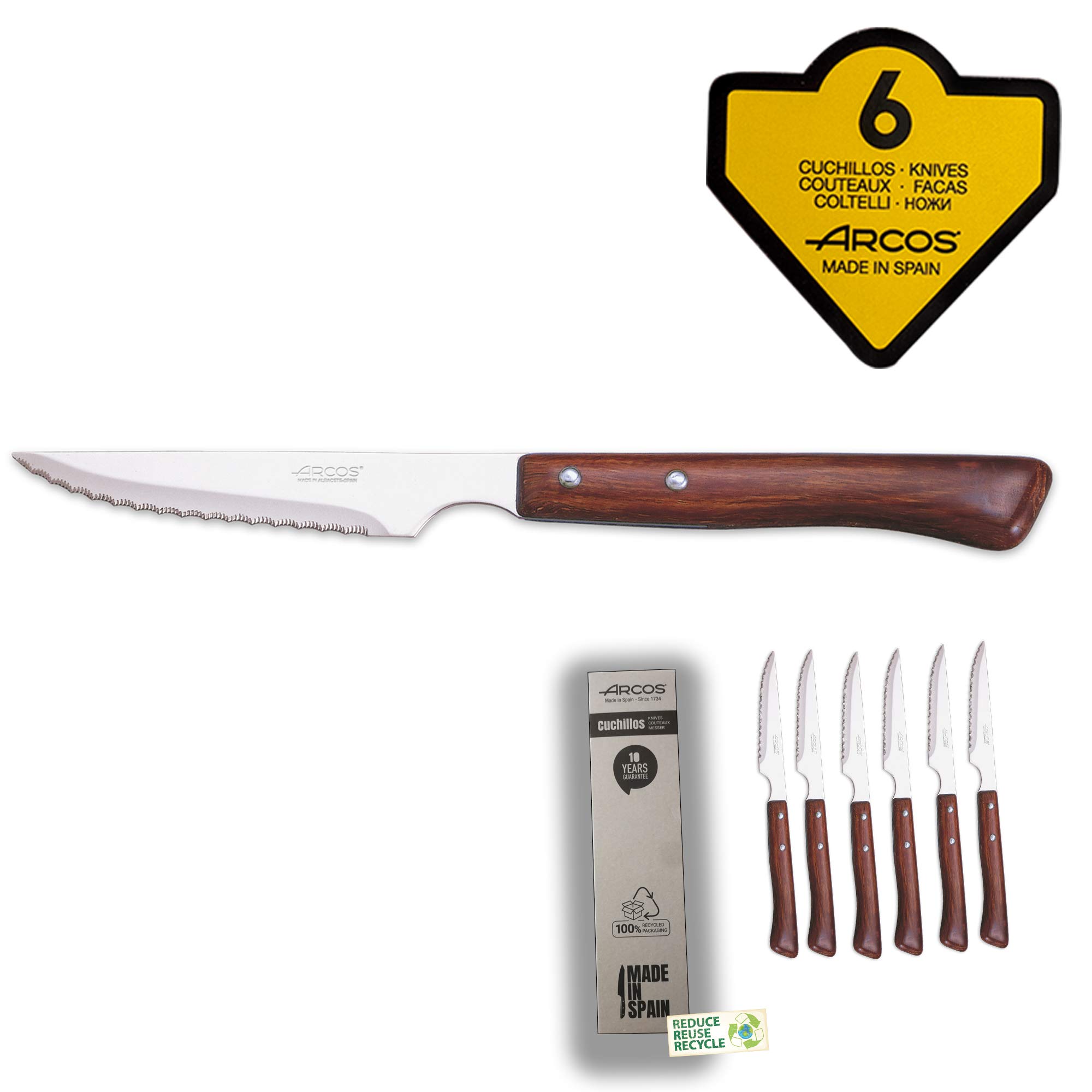Arcos | cuchillos chuleteros cuchillo madera cuchillo chuletero | 6 Piezas | juego cuchillos carne | cuchillos mango madera | Envase Eco | Fabricado en España