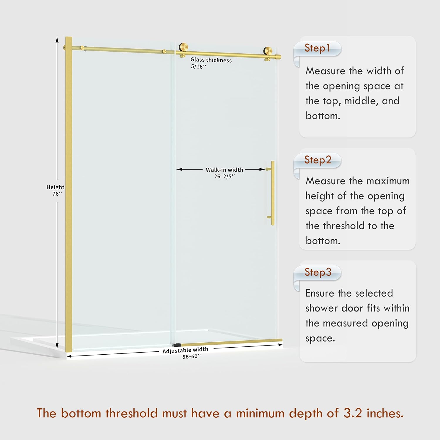 ENSO SENKA 56-60” x 76” Frameless Shower Door, 5/16" (8mm) Clear SGCC Tempered Glass, Bathroom Glass Sliding Shower Doors, Brushed Gold
