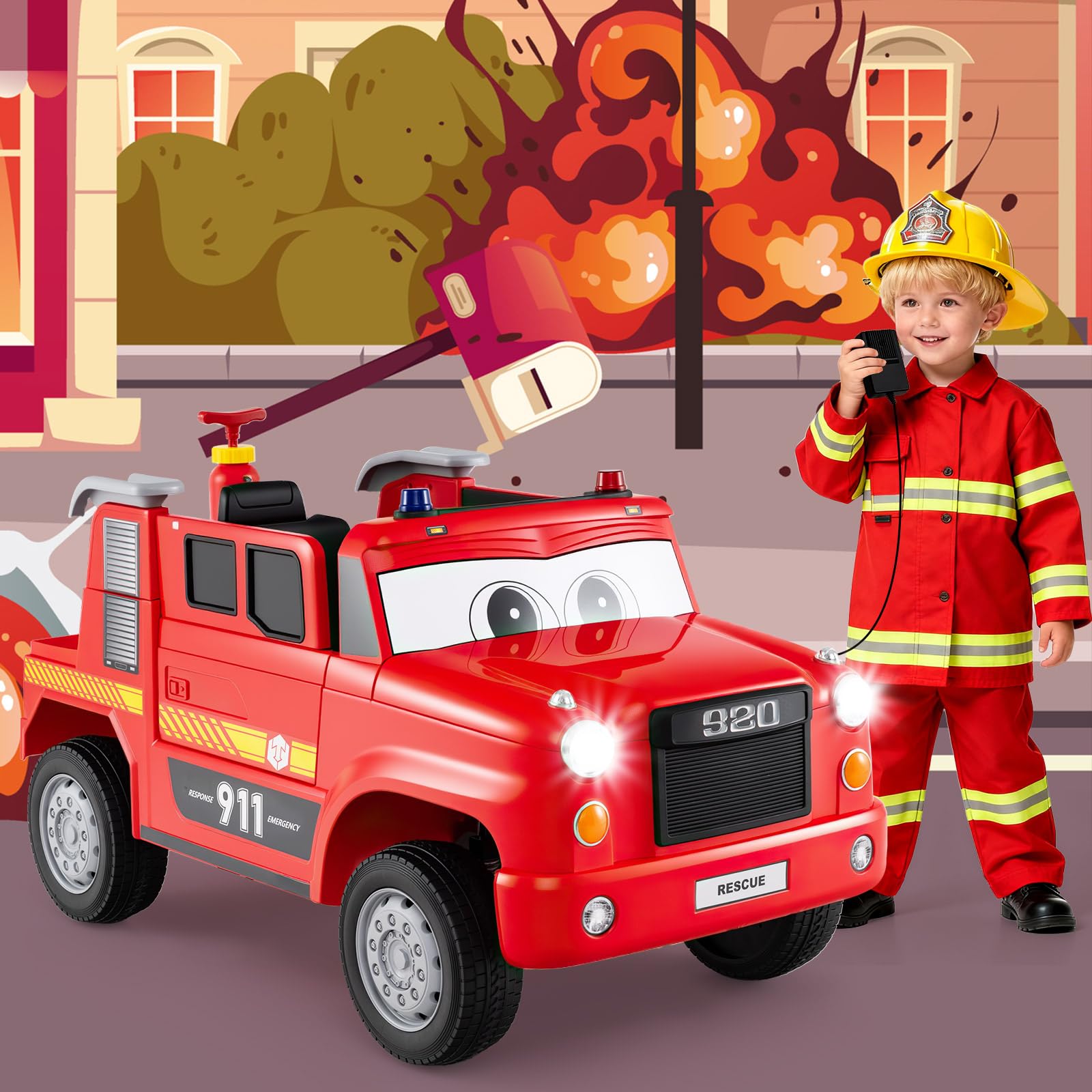 COSTWAY Kinder Elektroauto, 12V Feuerwehrauto Elektro mit Wasserpistole & Fernbedienung, Elektrisches Kinderauto mit Musik, Alarm, Blinklichtern und Softstart, Elektrofahrzeug für Kinder ab 3 Jahren