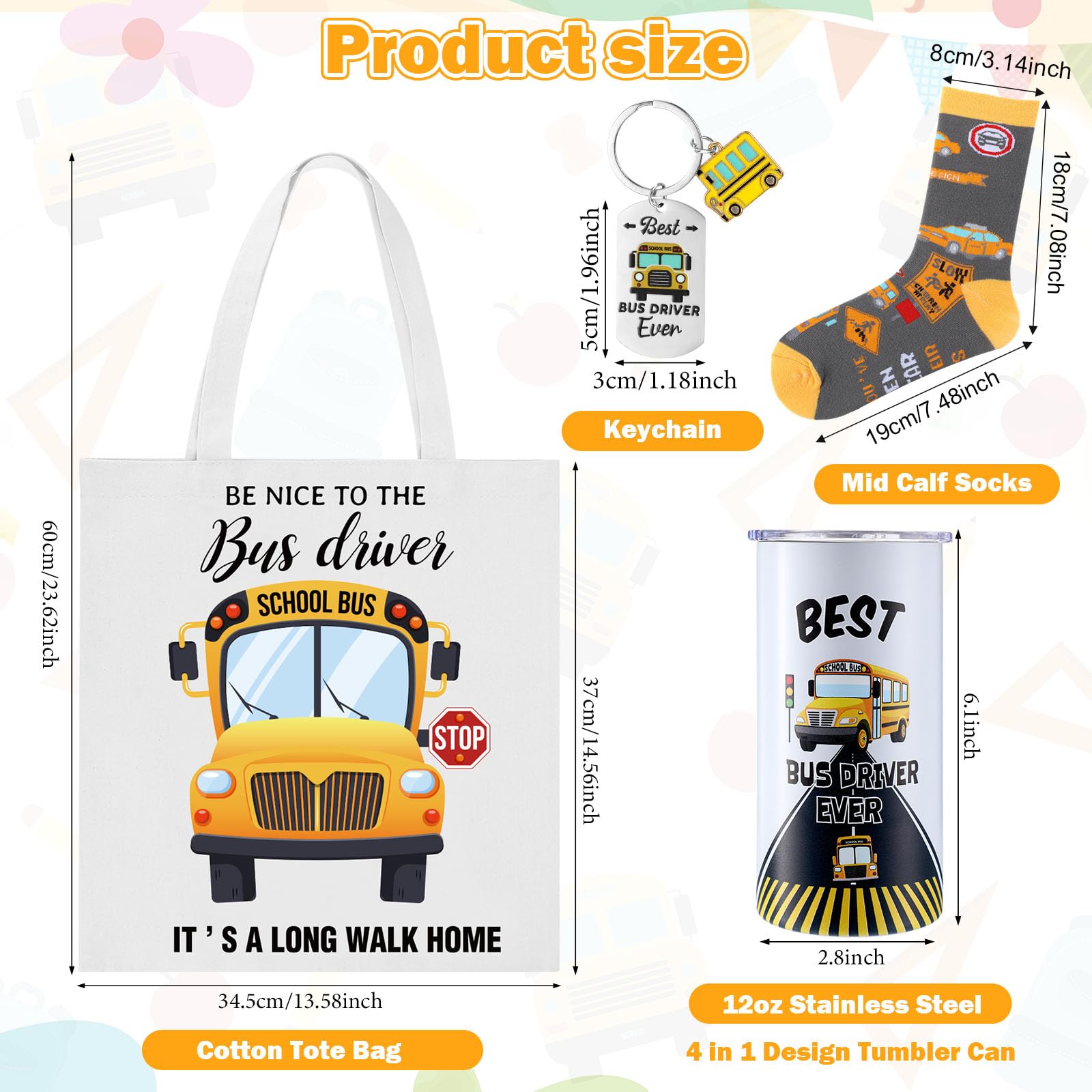 Sieral 4 Pcs School Bus Driver Appreciation Gifts for Women Men 12 oz Stainless Steel 4 in 1 Design Bus Driver Tumbler Cup and Lids Funny Bus Driver Canvas Bag Bus Driver Keychain Bus Driver Socks