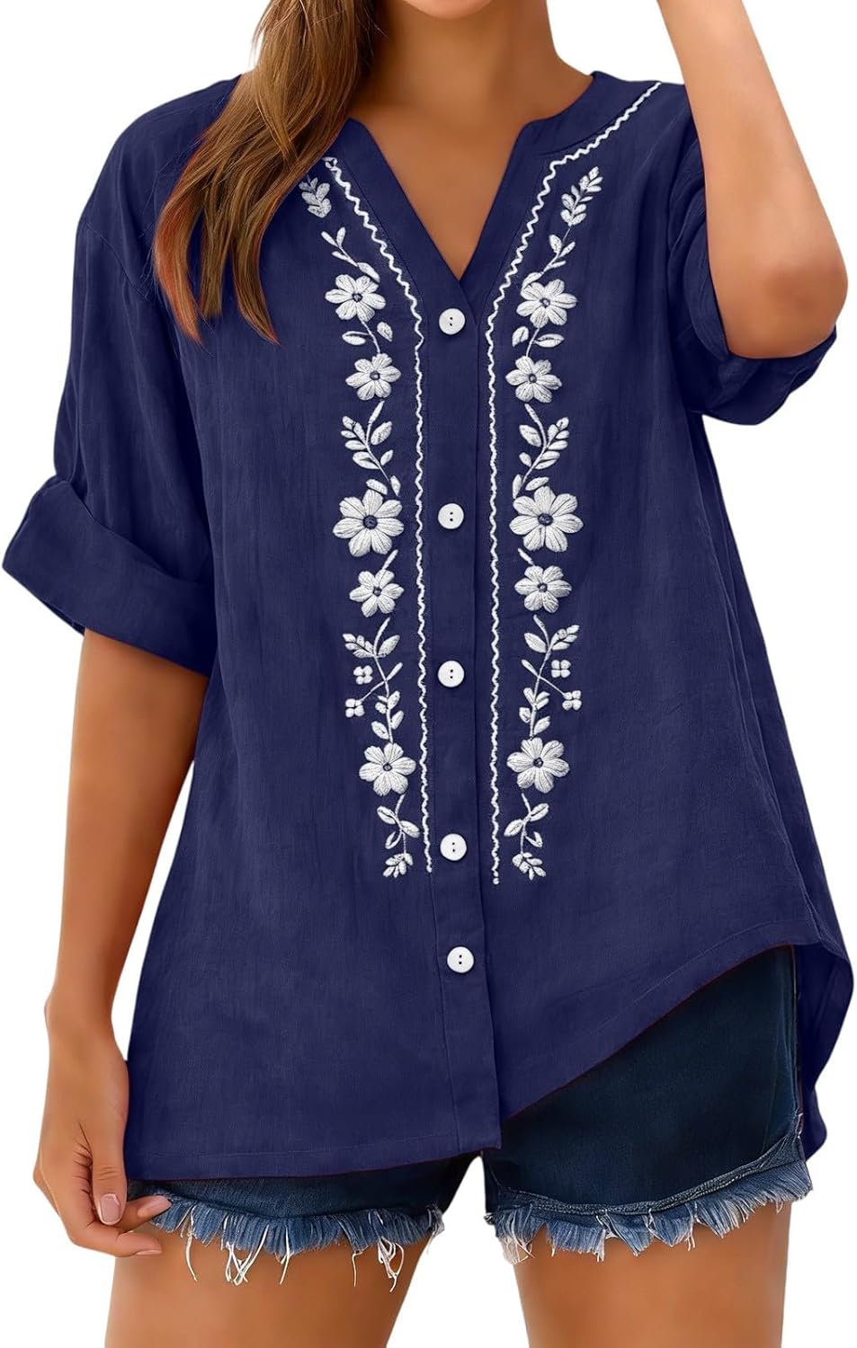 Linen Shirts for Women - Summer Plus Size Embroidered Tops 3/4 Sleeve V Neck Button Blouses Beach Vacation Clothes
