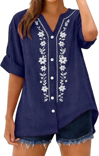 Womens Cotton Linen Tops Embroidered 3/4 Sleeve Peasant Boho Tunic Top Casual Loose T Shirt