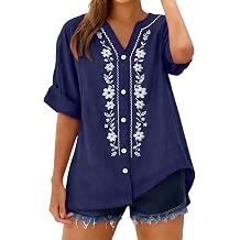 Womens Cotton Linen Tops Embroidered 3/4 Sleeve Peasant Boho Tunic Top Casual Loose T Shirt
