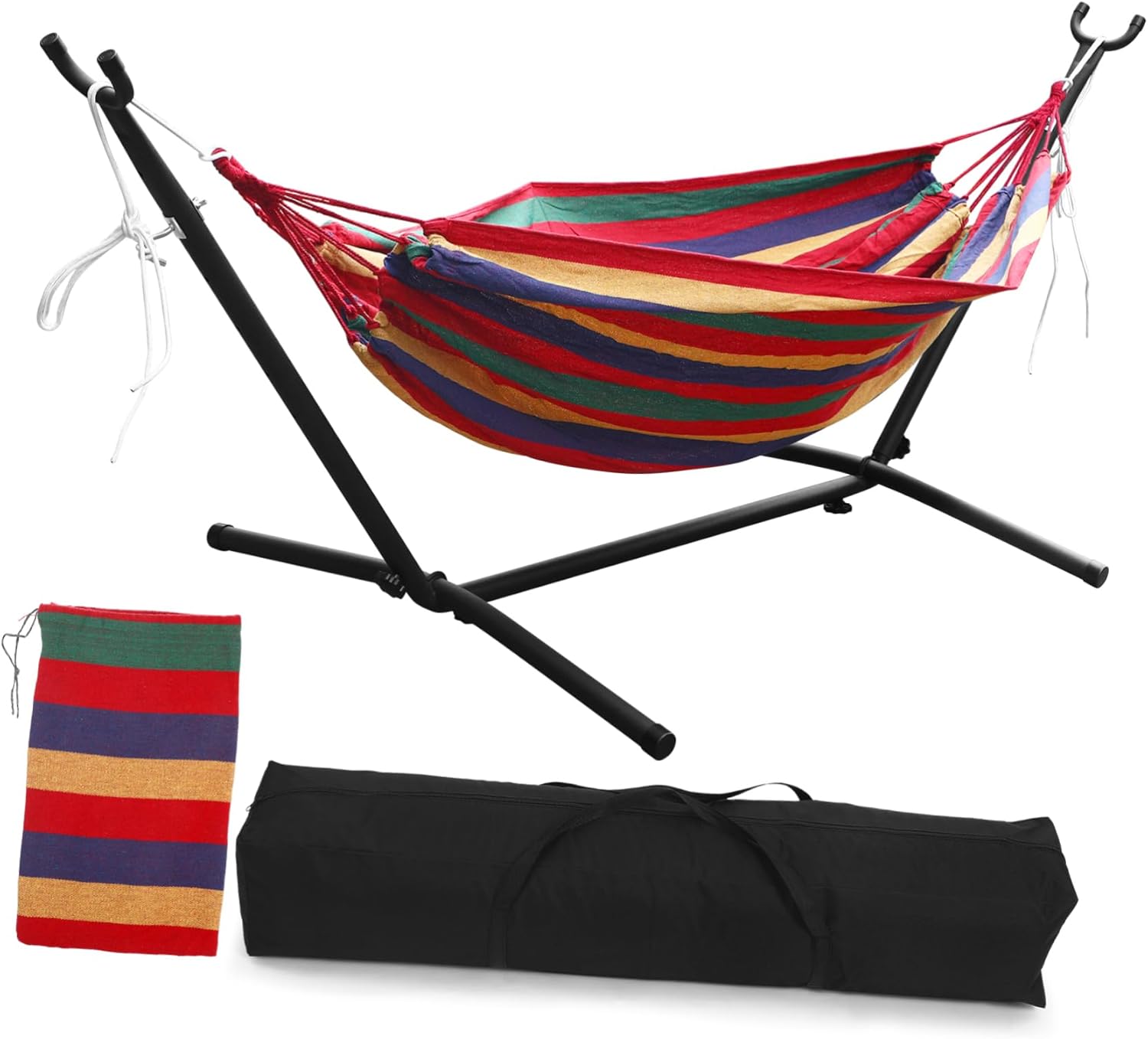 Heavy Duty Adjustable Height Double Camping Hammock with Stand and Carrying Bag Portable Outdoor Relaxation for Patios Gardens and Indoors Durable Canvas