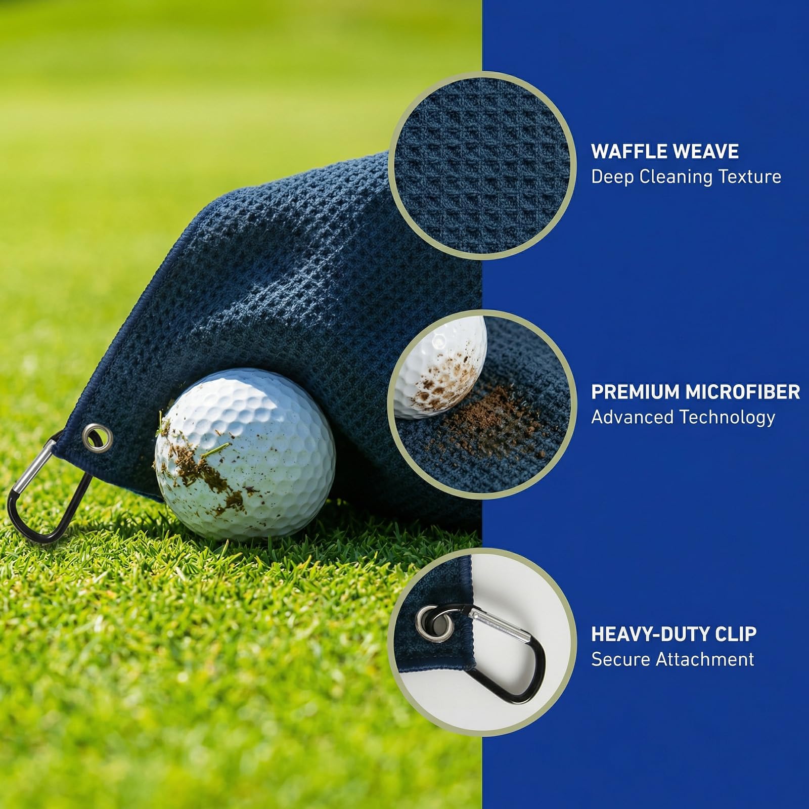 Daleweo Toalla de golf de microfibra, 2 unidades, con clip de mosquetón, 30 x 30 cm, diseño de gofres absorbentes, accesorios de golf, paño de limpieza, color negro y azul marino para pelotas de golf — view 6
