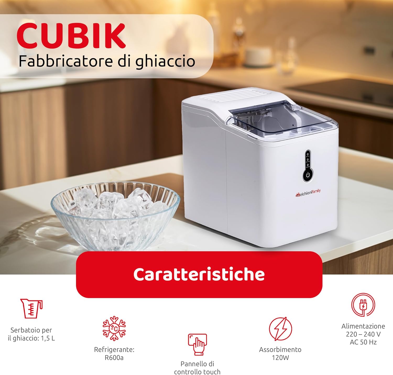 Front view of Melchioni Family CUBIK Ice Maker showing control panel