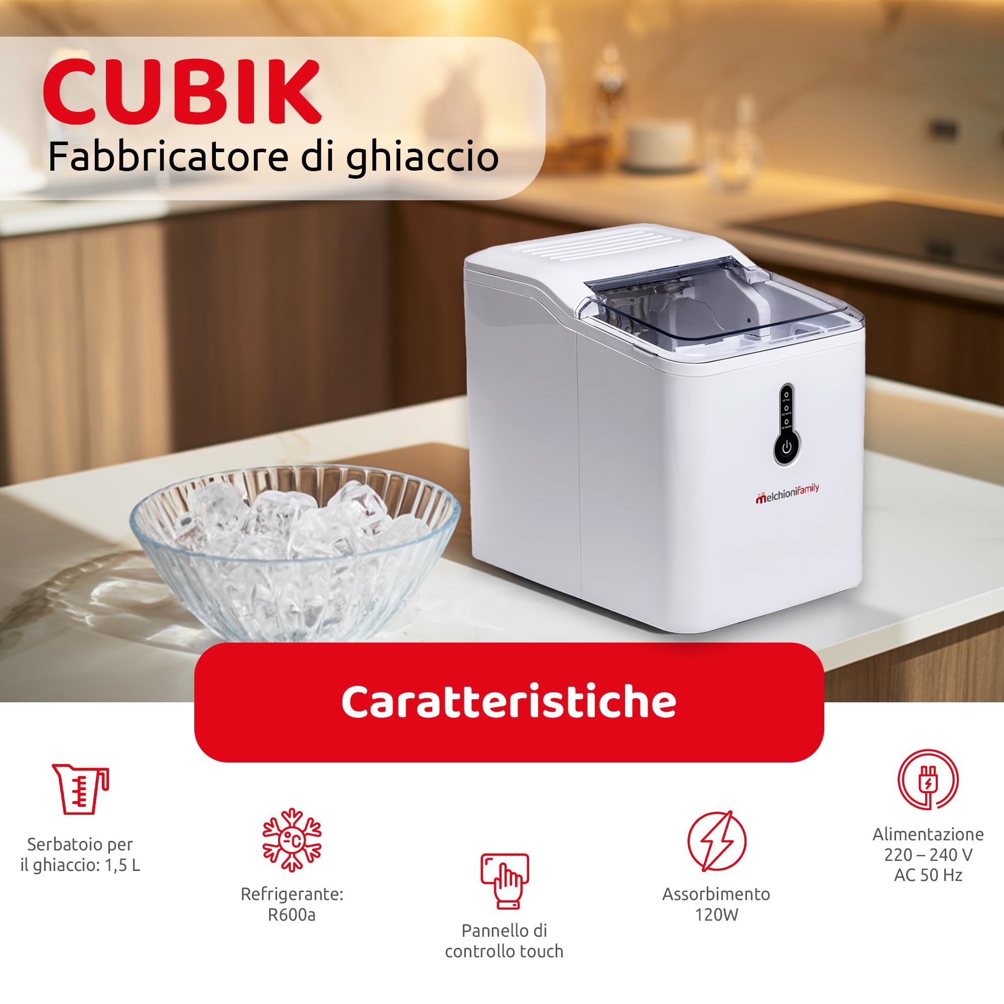 Melchioni Family | Macchina Ghiaccio CUBIK, Capacità di Produzione 12kg in 24h, Cubetti a Forma di Proiettile, Serbatoio dell'Acqua 1.6 L, Serbatoio per il Ghiaccio 1,6 L, Pannello di Controllo Touch