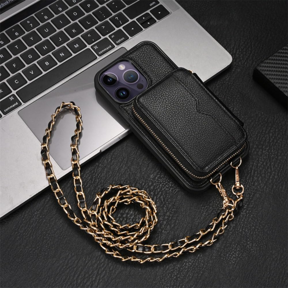 Miroir portefeuille avec chaîne en métal et lanière en cuir pour iPhone 14 Pro - 7