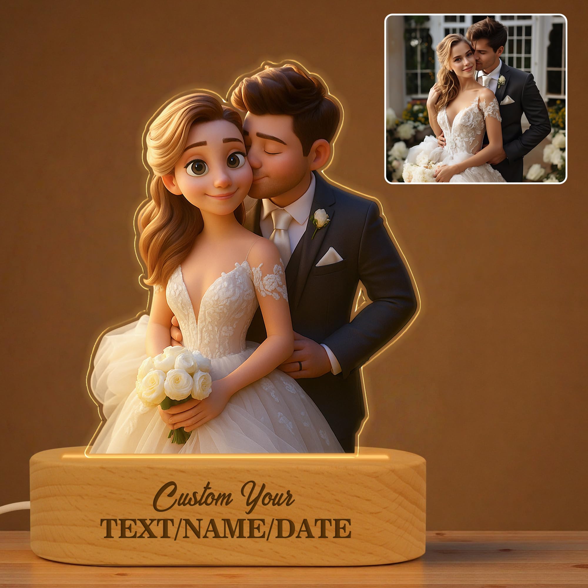 PSUNEY Personalized Photo Cartoon Portrait Desk Decor, Custom Acrylic Plaque with Night Light, Unique Birthday Gift for Xmas Anniversary Birthday Family Couple Friend Girlfriend Boyfriend