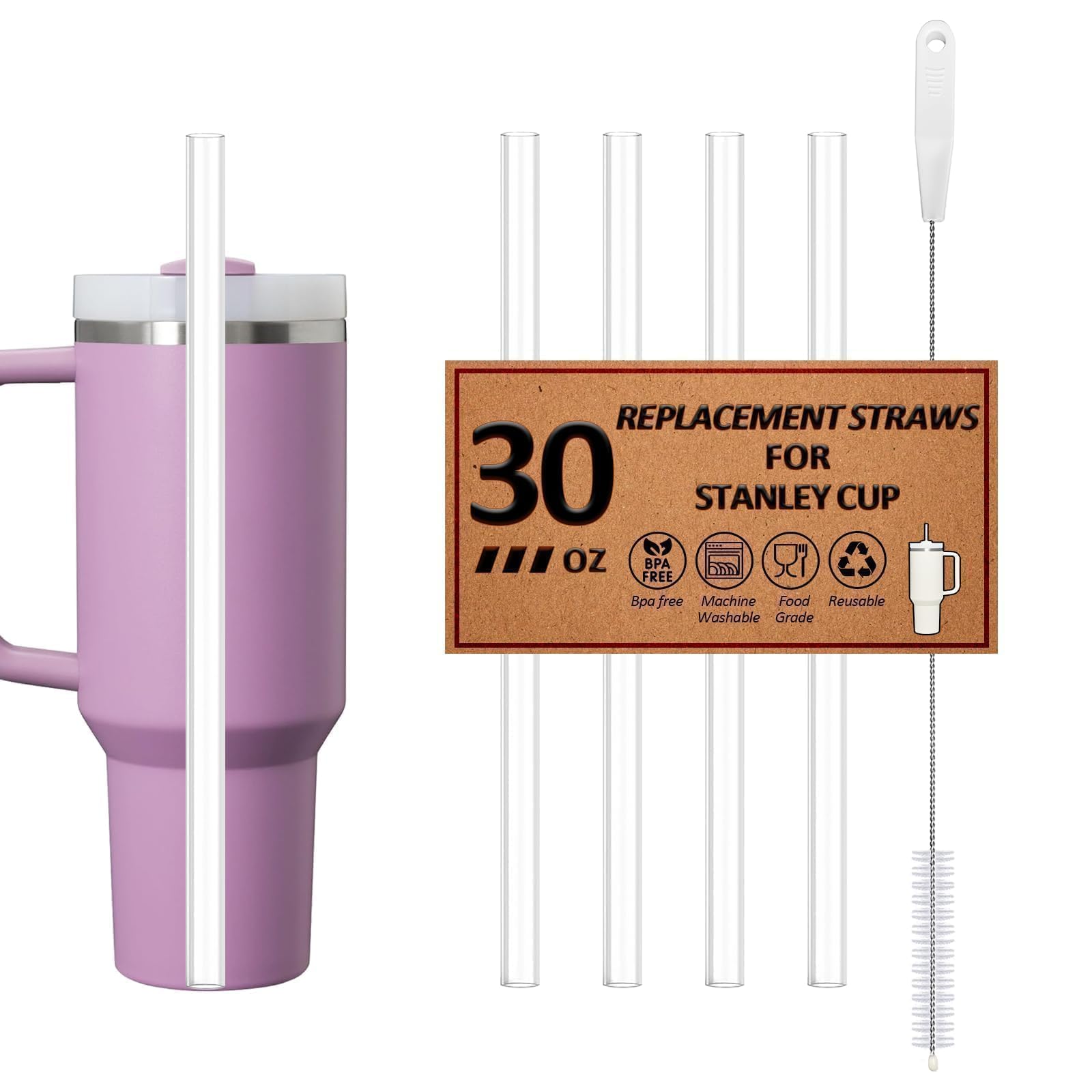 4 Pack Reusable Straws for Stanley Quencher H2.0 Tumbler 30oz | 40oz | 64oz, for Stanley Cup Accessories，Food Grade & BPA Free, Machine washable（for 30oz, Clear）