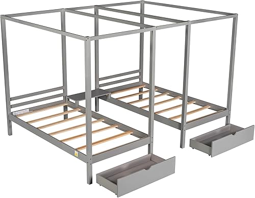 Miniatura 7 de SIYAHOME Camas de plataforma con dosel doble compartido de tamaño individual con dos cajones y escritorio integrado diseño que ahorra espacio