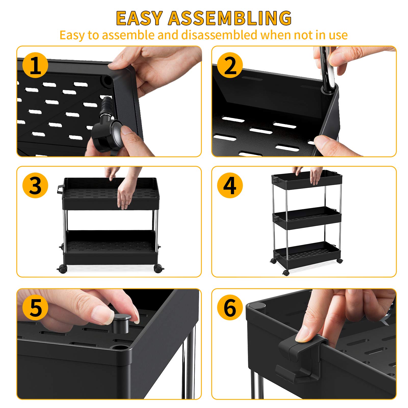 SPACEKEEPER Slim Storage Cart, 3 Tier Bathroom Organizers Rolling Utility Cart Slide Out Storage Shelves Mobile Shelving Unit Organizer for Office, Kitchen, Bedroom, Bathroom, Laundry Room, Black