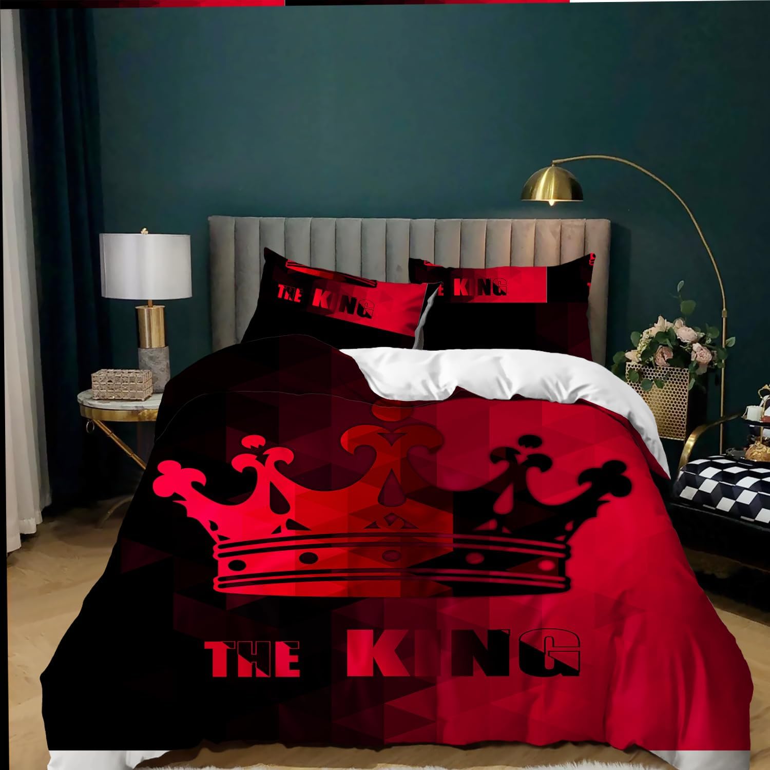 AILONEN Red and Black Duvet Cover Set Queen Size,Crown King Printed Couple Bedding Set for Men Women Adults,3-Piece Mr Mrs Themed King and Queen Comforter Cover with 2 Pillowcases