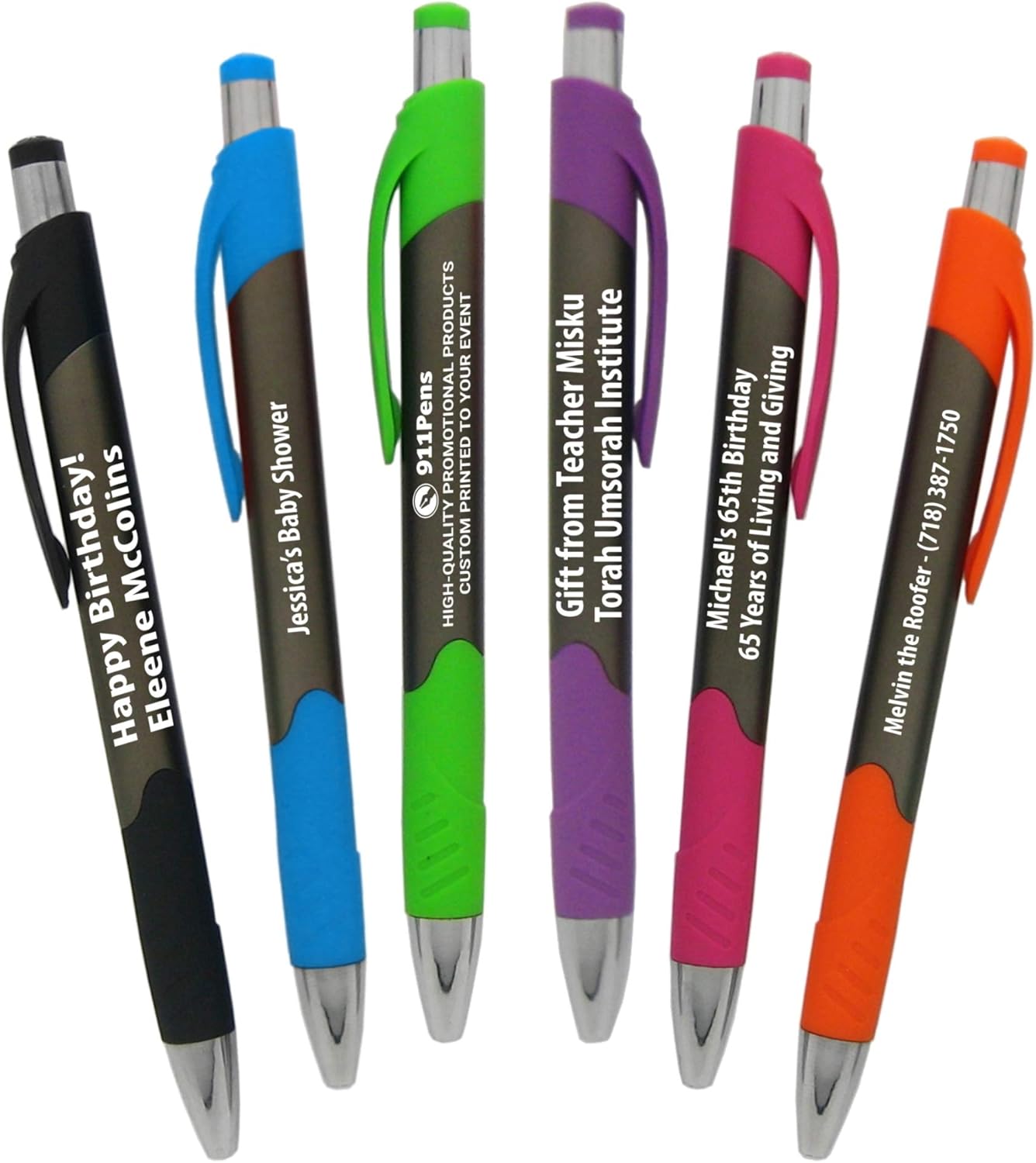 88 Pack, Personalized Writing Ink Ballpoint Novelty Pens, Smooth Rubber Grip Clicker pen, Custom Printed with Your Logo & Text, Promote your brand (Solid Barrel with Assorted Trim)