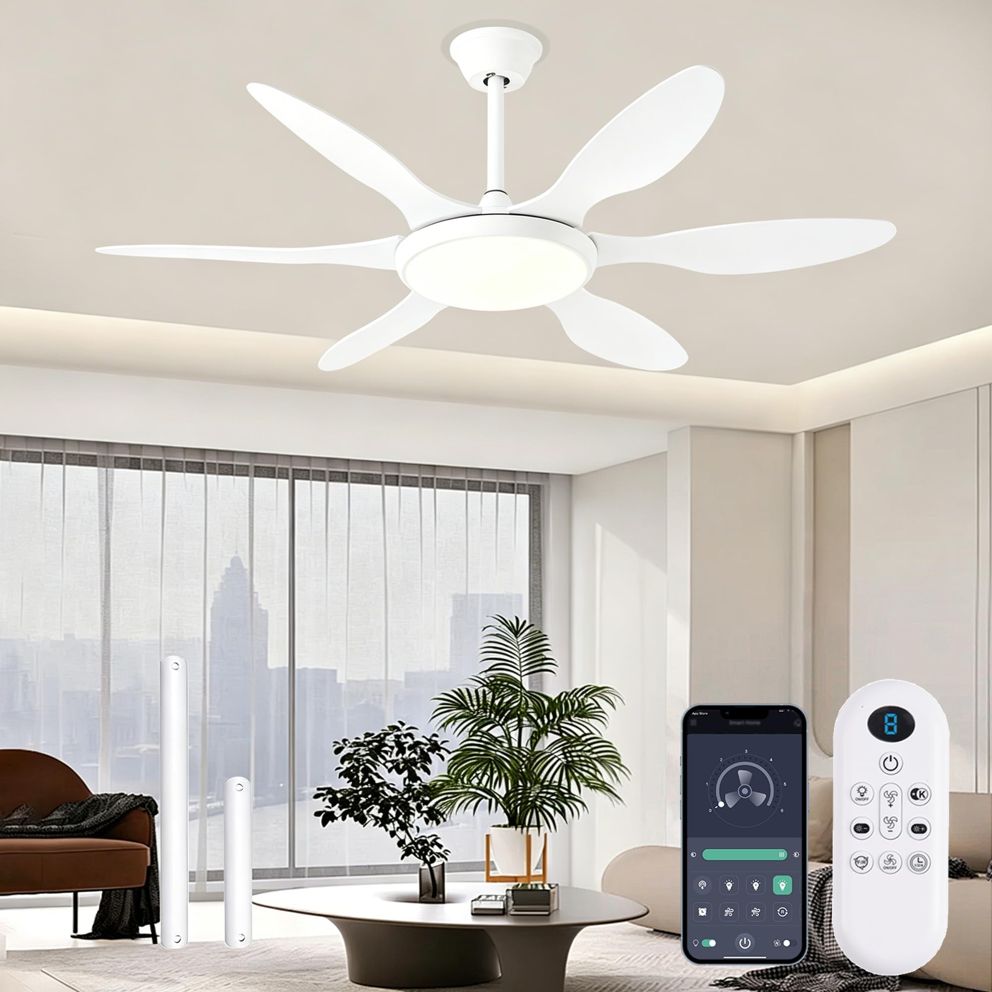 FUMLTP White Ceiling Fans with Lights, 51 Inch Ceiling Fan with Light and Remote Control, Reversible, 3CCT, Dimmable, Noiseless, LED Ceiling Fan for Bedroom, Living Room, Indoor/Outdoor Use